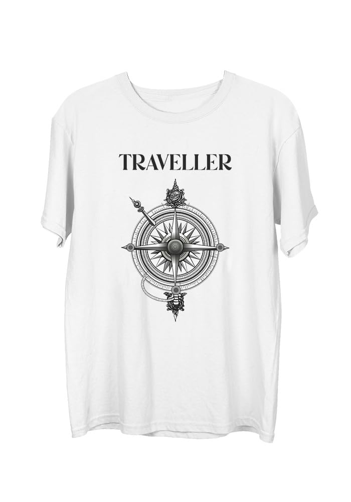 Wear Your OpinionMen's S to 5XL Premium Combed Cotton Printed Half Sleeve T-Shirt (Design : Travel Compass)