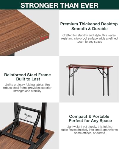 Image of Small Folding Computer Desk - 43.3 Inch Portable Table for Craft and Study, Lightweight Desk for Small Spaces, Foldable Laptop Table Built-in AC /USB Outlets for Convenience, Dark Walnut