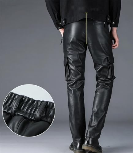 Men's Windproof PU Leather Cargo Pants Multi-Pocket Motorcycle Biker Workwear Pants2