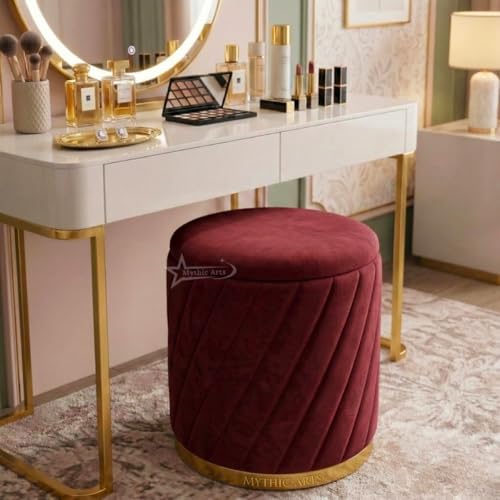Image of Mythic ArtsRound Upholstered Sitting Stool & Footrest Velvet Storage Ottoman Pouffe16 X 16X 19 inch | Versatile Puffy for Living Room, Bedroom, and Office ? Chic Home Furnishings & Dcor Maroon