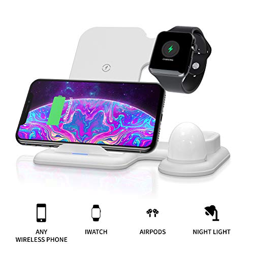 NOCOEX Estación de Carga inalámbrica 4 en 1 Estación de Carga rápida Base de Carga rápida para iPhone iWatch Airpods TWS Earbuds QI Soporte de Carga inalámbrica Soporte para teléfono (Blanco)