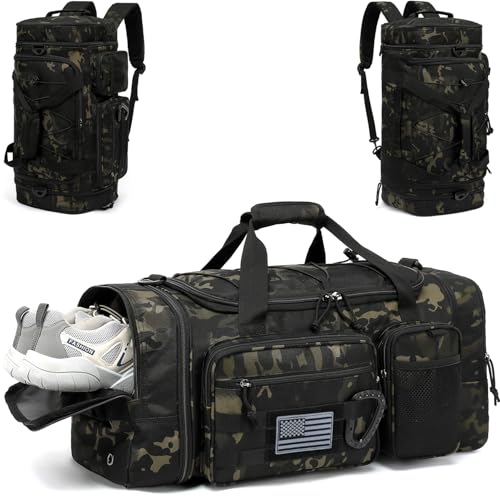 3 in 1 Tactical Travel Duffle Bag Backpack for Men Women 40-45L Expandable Gym Bag & Sport Duffel Bags for Travel with Shoe Compartment & Wet Pocket, Weekend Overnight bag for Caming, Camo