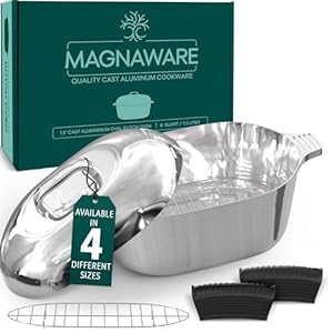 Cast Aluminum Dutch Oven with Lid – 8 Quart Oval Lightweight Pot For Cajun Cookware, Bread Baking & More – Roaster Pan with Silicone Covers & Rack For Even Heat Distribution (13 inch)