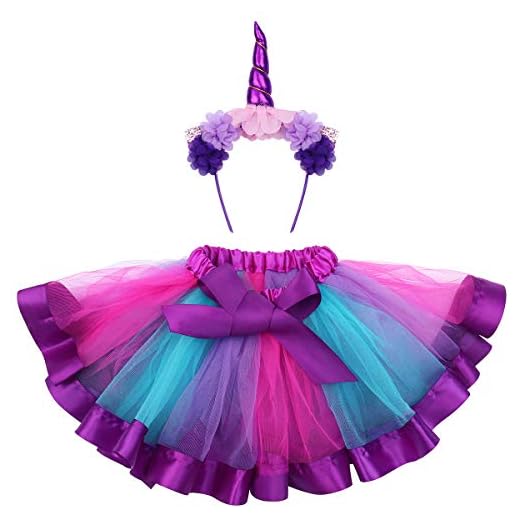 FENICAL Disfraz de Unicornio para Niñas Diadema Unicornio Floral con Oreja y Falda Tutú de Arco Iris Disfraz para Fiesta Púrpura Tamaño S
