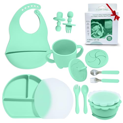 Image of IOLAH-CARE Baby Feeding Set of 14–Made from Premium Food-Grade &BPA-Free Silicone Baby Weaning Set –Durable &Eco-Friendly Toddler Plates,Safe Baby Feeding Set (Dishwasher Safe) Mint