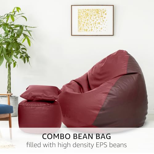 Image of Amazon Brand - Solimo 4XL Premium Faux Leather Bean Bag with Footstool & Cushion Combo for Living Room | Bean Bag Filled with Beans | Capacity Upto 6'5 inch Height & 125 Kg Weight | (Brown & Tan)