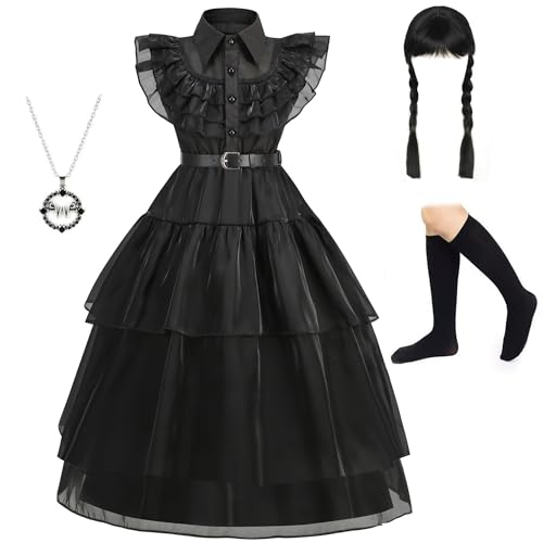 Foierp Vestido de princesa gótico para meninas, fantasia de renda preta com acessórios para Halloween, aniversários e ocasiões festivas (3-11 anos)