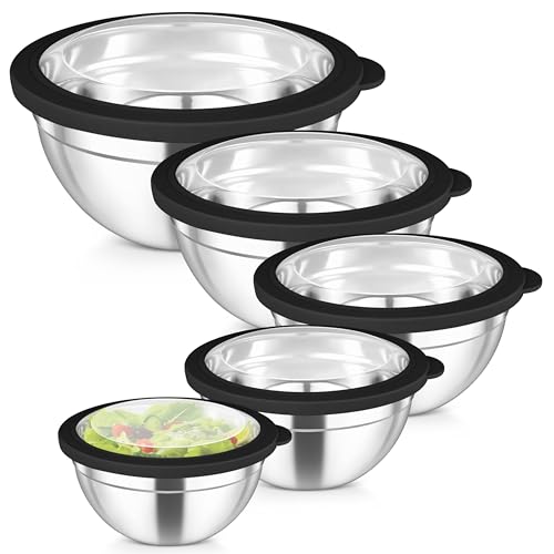 TeamFar Mixing Bowls Set, 4.5/3/1.5/1/0.7 QT Stainless Steel Nesting Salad Bowls with Airtight Lids, For Serving/Mixing/Storing, Non-Toxic & Heavy Duty, Visible & Easy Clean, Black, Set of 5