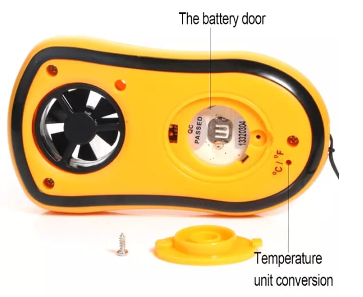 VIHELM GM8908 Anemometer with the battery door open, showing the CR2032 battery slot and the Celsius/Fahrenheit switch.