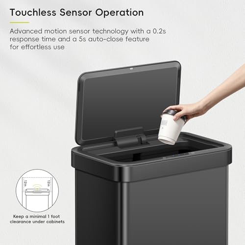 Image of EKO Nova Sensor Trash Can or Recycling Bin, 21 Gallon /80 Liter Stainless Steel Rectangular Touchless Motion Sensor Trash Can, Matte Black
