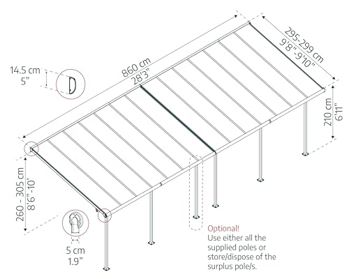 Canopia by Palram Terrassenüberdachung Alu Capri 3X8.51 Polycarbonat Hohlkammerplatten Pergola 860 x 295 cm Grau zur Überdachung ihrer Terrasse