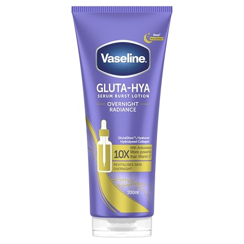 Vaseline Gluta-Hya Overnight Radiance Serum Burst Lotion Moisturiser – Body Lotion with GlutaGlow™, Hyaluron, Collagen & Antioxidants 10x Stronger Than Vitamin C*, For Plumper Skin in 5 Days 200ml