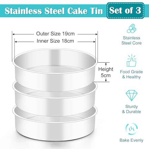 HaWare Cake Tin Set of 3, 7 inch Stainless Steel Round Cake Pan for Baking Roasting Serving, Layer Cake Tin for Birthday Wedding, Healthy & Non-Toxic, Mirror Polished & Dishwasher Safe (18cm) - Image 3