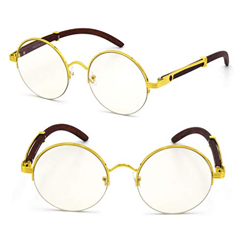Image of TZ Promise For Men's Gold Color Wood Effect Metal Frames Vintage Style Retro Eye Clear Lens Glasses