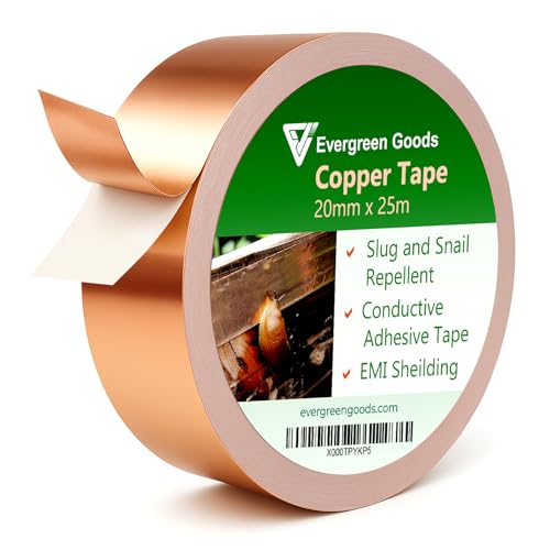 EVG 20mm x 25m Copper Slug Tape | Adhesive Copper Tape Slug Repellent UK | Snail Pest Deterrent Barrier | Humane Pest Control | Gardens & Plants Protection (1 Roll)