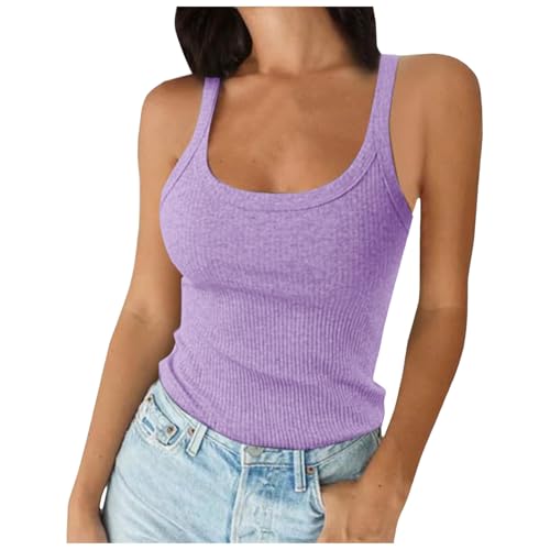 Camiseta sin mangas con cuello redondo para mujer, casual, atlética, lisa, sin mangas, linda, acanalada, ajuste moderno, para salir, gimnasio, ajustada, ajustada, adelgazante, Morado (, L
