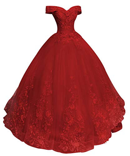 Prom Dress Ball Gown Quinceanera Dress Lace Formal Evening Gown Appliques Off Shoulder Prom Dresses Long Burgundy