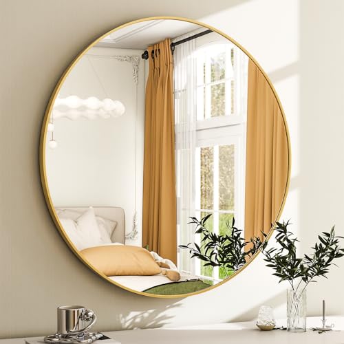 Image of EASLY 24 Inch Round Mirror, Gold Metal Frame Wall Mirror for Bathroom