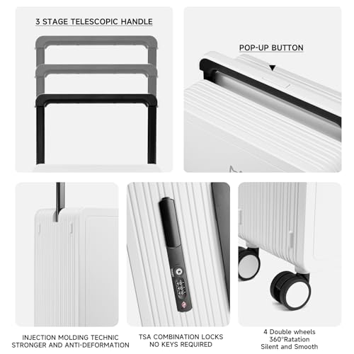 MYER Hard Shell Carry On Luggage 22x14x9 Airline Approved,20 Inch Wide Handle Aluminum Luggage with 100% 3-Layer PC,Carry On Suitcases with Spinner Wheels TSA Lock (White)4