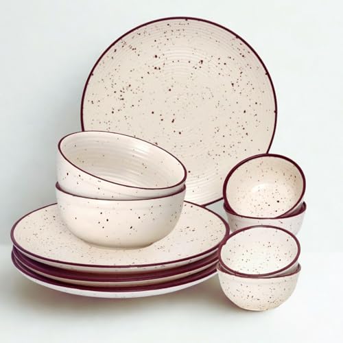 Image of Freakway Handcrafted Off White Stoneware Pack of 10 Pieces Ceramic Dinner Set 4 | Crockery Set for Dining Table | 4 Dinner Plates, 4 Bowl /katori & 2 Serving Bowl | Microwave & Dishwasher Safe