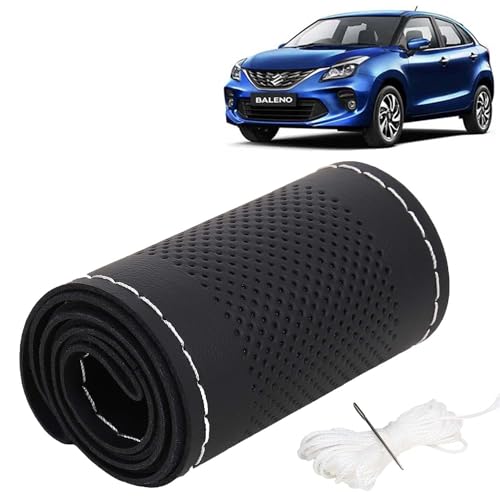 Image of KINGSWAY PU Leatherite Car Steering Cover Sewable Compatible with Maruti Suzuki Baleno (Year 2019-2022), Black Color with Silver Thread, Pack of 1 with Sewing Needle and Thread