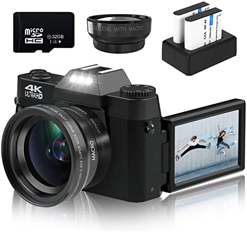 Digital Cameras for Photography, 4K 48MP Vlogging Camera 16X Digital Zoom Manual Focus Rechargeable Students Compact Camera with 52mm Wide-Angle Lens & Macro Lens, 32G Micro Card and 2 Batteries