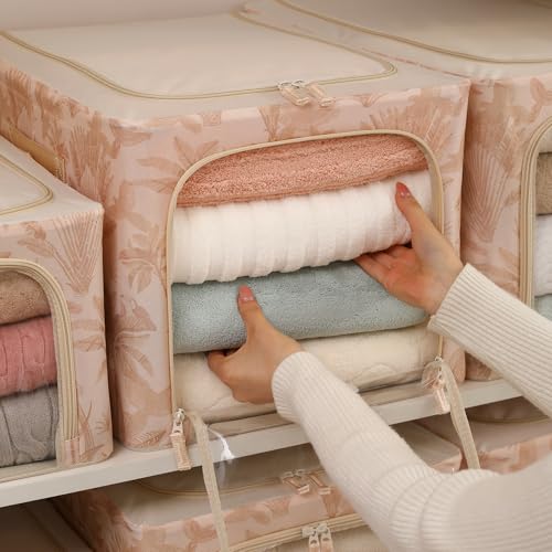 Image of HOKIPO Folding Storage Box and Organiser for Clothes, 600D Oxford Fabric Storage Box, Beige Botanica - Large Pack of 1 (AR-6489-BGE)