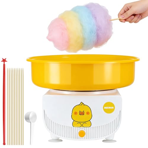 Image of Cotton Candy Machine for Kids, Countertop Cotton Candy Maker Homemade Candy Sweets for Birthday Parties, Includes a Scoop and 10 Candy Cones, Adorable Yellow Duck Cartoon Design