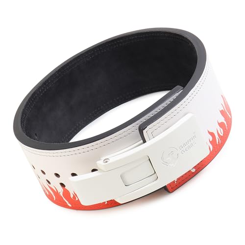 Image of 13mm Lever Powerlifting Belt - Red Fire Leather Gym Belt with White Buckle - Men & Women- Weightlifting, Squats, Deadlifts - IPF Standard (Red Fire White Buckle, S)
