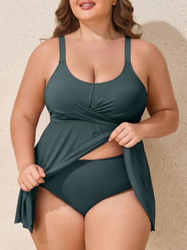 Summer Mae Plus Size Swimsuit for Women Ribbed Tankini Two Piece Swim Dress Tummy Control Bathing Suit with Shorts3