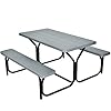 Giantex picnic table bench set outdoor camping all weather metal base wood like texture backyard poolside dining party garden patio lawn deck furniture large camping picnic tables for adult gray  urban country home decor