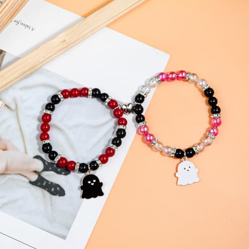 Image of 2Pcs Love Heart Couple Matching Bracelet Set Adjustable Braide Rope Halloween Mummy Ghost Pumpkin Hat Wizard Bracelet for Women Men Lover Friend Friendship Jewelry