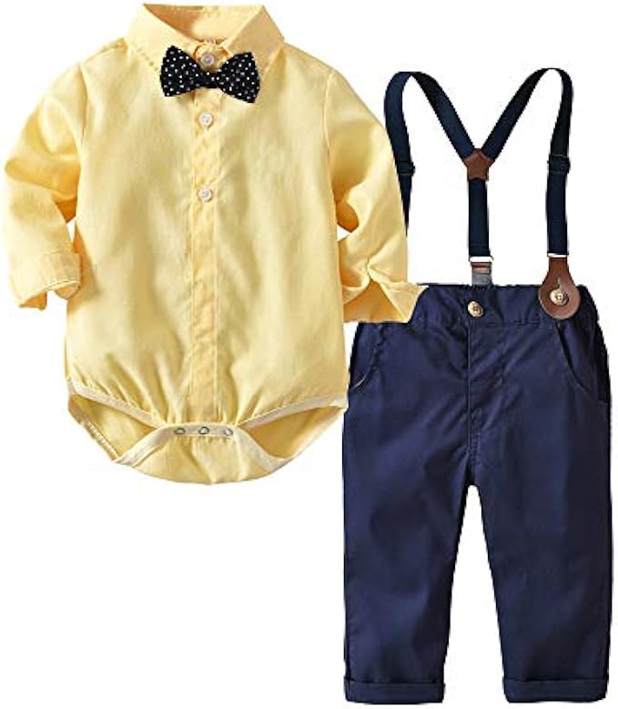 Moyikiss Studio Baby Boy Gentleman Outfit Long Sleeve Shirt with Bowtie Suspender Pants Casual Suit