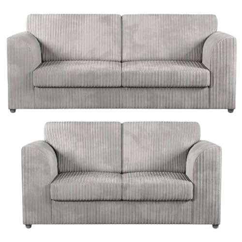 Sofa Select, Set di divani jumbo di alta qualità a coste 3+2 posti, con cuscini, schienale alto e braccioli comodi, design moderno ed elegante, per soggiorno, ufficio, camera da letto, colore argento