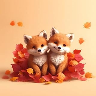 adrium Póster de 50 x 50 cm: dos zorros en hojas otoñales sobre fondo naranja, ilustración 3D (204260758)