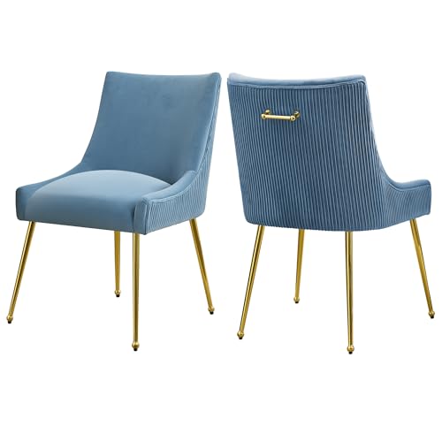 WUTUTUEE Velvet Dining Chairs Set of 2 Gold Legs,Upholstered Velvet Accent Chairs, Pleated Back Design & Gold Pull Handle, Mid Century Modern Chairs for Dining/Kitchen/Living Room,Light Blue