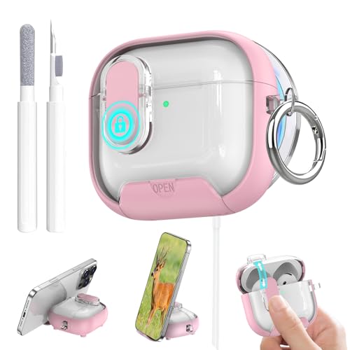 Image of Aircawin for Airpods 4 Case Clear,Secure Lock for Airpods 4th Generation Case Cover with Phone Stand and Magsafe Function,Auto Pop-up,Hybrid Protection Design with Carabiner&Cleaning Pen-Pink