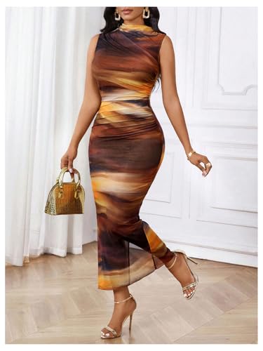 Image of Milumia Women's Printed Mock Neck Bodycon Maxi Dress Sleeveless Mesh Long Dress Party Cocktail
