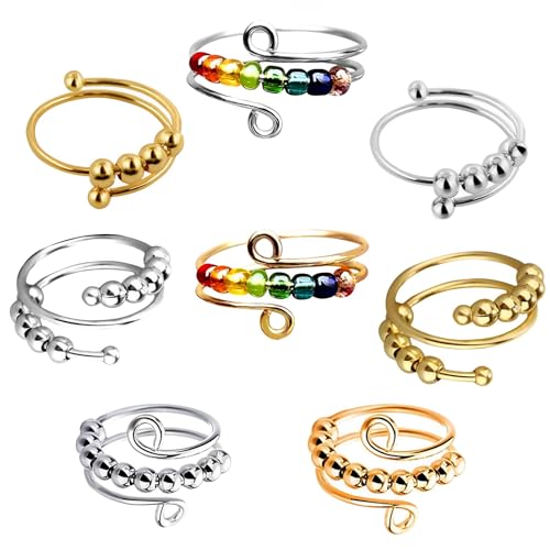 SHOWHEEL 8 Stück Verstellbare Anti Stress Ring,Angst Daumen Ring,Anxiety Ring,Regenbogen Spinner Ring Damen,Linderung von Ängsten und Antistress Ringe,Angst Ring und Fidget Ring für Frauen und Herren