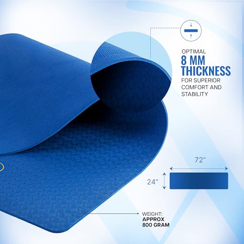 Image of WiseLife Classic Eco-TPE 8 MM Yoga Mat with Yoga Strap for Men & Women | Extra Thick, Long & Wide Non-Slip, Anti-Tear Exercise Mat for Home, Gym, Workout, Fitness, Yoga & Pilates (Blue)
