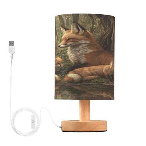 Forest Fox Table Lamp Set with Linen Fabric lampshade,LED Light Without Bulb with Base, USB Charging Ports,Perfect Night Stand Light Lamp for Living Room,Dorm,Home,Office