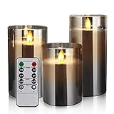 Flameless Led Candles Flickering, Yinuo Candle Real Wax Fake Wick Moving Flame Faux Wickless Pillar Battery Operated Candles with Timer Remote Glass Effect for Festival Wedding Home Party Decor