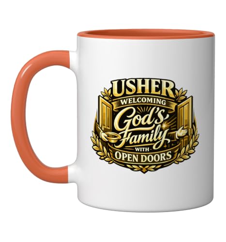 Usher Welcoming Gods Family Open Doors Church Ministry Chri Ceramic Mug, Orange/White