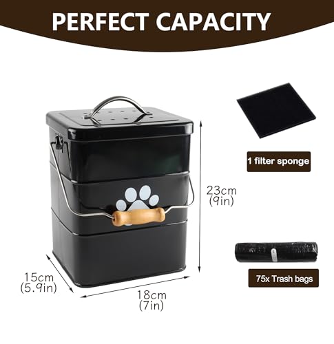 Brabtod Small Dog Poop Trash Can Outside,1.5Gal/6L Metal Dog Waste Trash Can with Lid/Filter/Handle,Pet Waste Container Bucket with 75 Trash Bags-Black