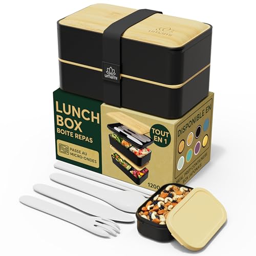 Umami Bento Lunch Box, Couverts & Pot à Sauce Inclus, Boite Repas Étanche, Lunchbox Micro-Ondable, Boîte à Lunch Adulte compartimentee, Noir et Bambou, 1200 ml