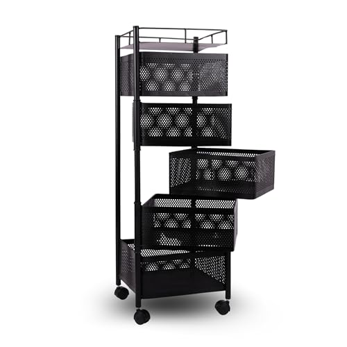 Image of KITCHIVO Kitchen Storage Rack | Revolving Vegetable Rack | Square Multipurpose Storage Trolley with Wheels | Metal Fruit Rack (Black, 5 Layer)