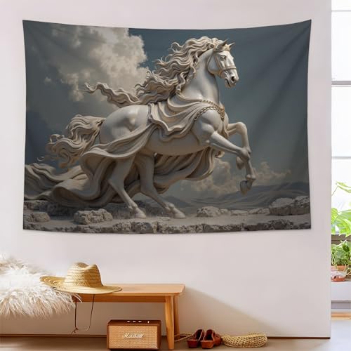 Tapisserie cheval de sculpture blanche 200x150cm pour decoration murale