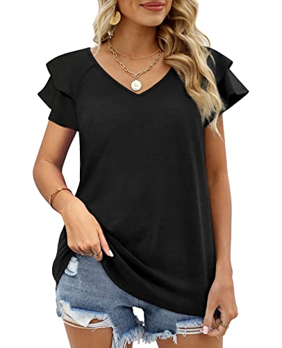 OFEEFAN Womens Summer Tops Ruffle Short Sleeve V Neck T-Shirts Casual Loose Fit3