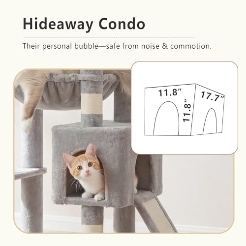Image of Heybly 64.2 inch Heavy-Duty Cat Tree for Large Cats with Wide Base HCT027W | Indoor Cat Tower with Scratching Posts & Board, Cat Furniture with Big Platforms, Extra-Large Hammock, Light Gray