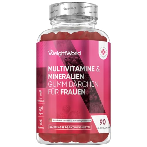 Multivitamin Gummies für Frauen - Mit Omega 6, 9, Zink, Calcium, Vitamin C, Hyaluron, CoQ 10, B12, Biotin - 90 vegane Gummibärchen - Erdbeer & Himbeergeschmack - Multivitamin Komplex - WeightWorld